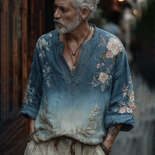Men's Vintage Floral Embroidered Comfy Linen Shirt artswardrobe