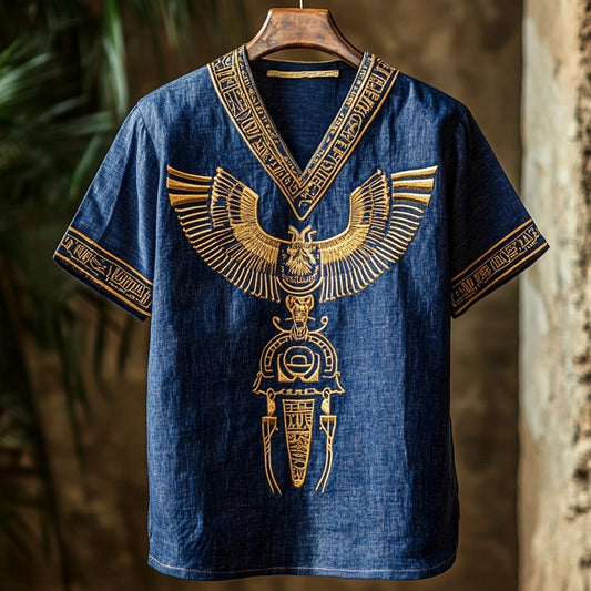 Egyptian Mystery Totem Men's Linen V-neck T-shirt artswardrobe