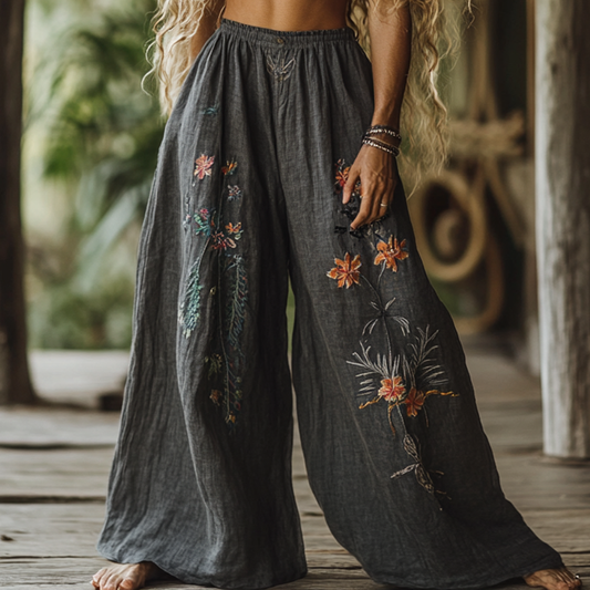 Vintage Bohemian Resort Floral Art Printed Cotton Linen Wide Leg Pants artswardrobe