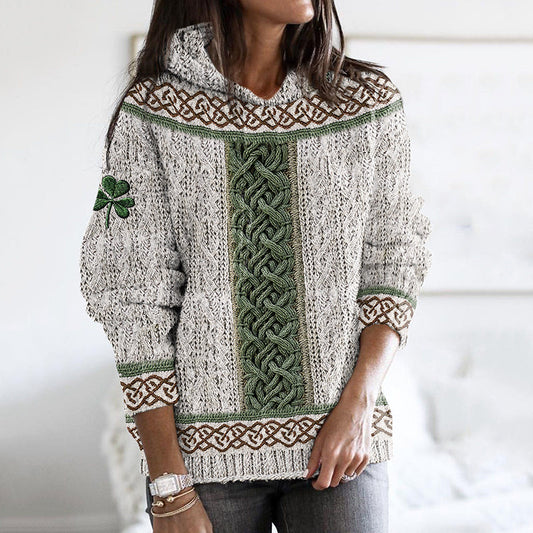 Women's Irish Celtic Knotted Shamrock Contrast Jacquard Sweater artswardrobe