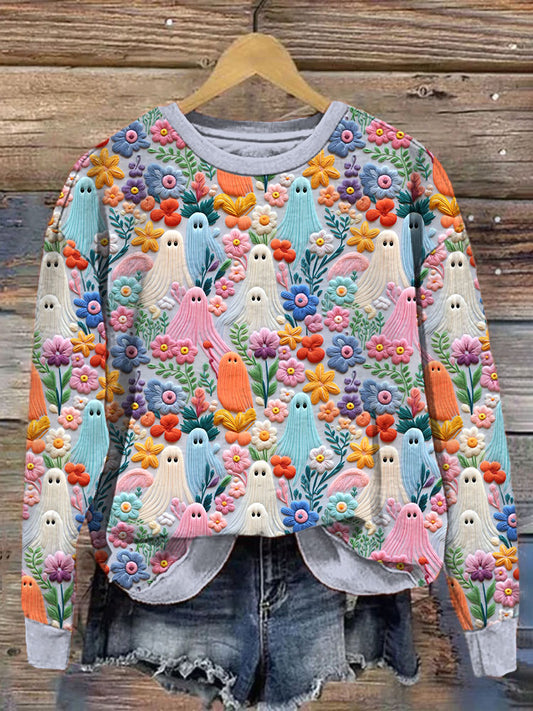 Comstylish Colorful Floral Ghost Embroidery Pattern Sweatshirt