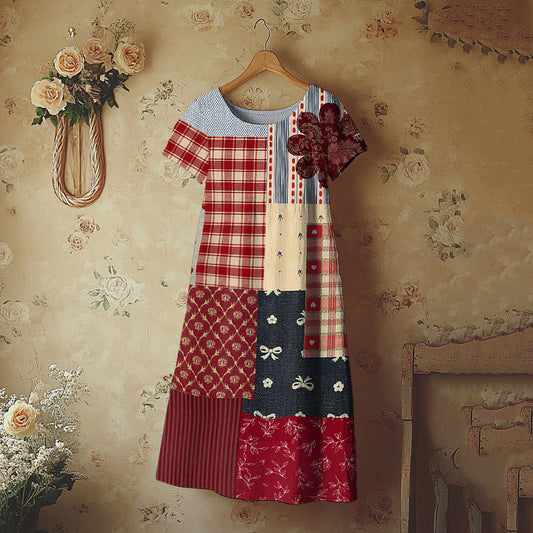 Women's Vintage Floral Plaid Patchwork Short Sleeve Dress artswardrobe