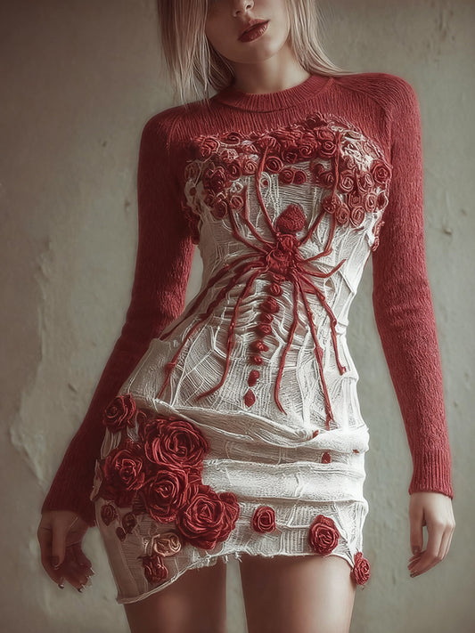 Comstylish Women's Halloween Spider And Red Rose Round Neck Dress