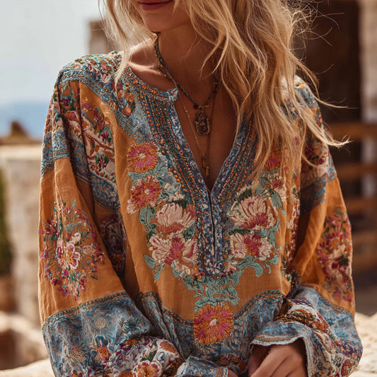 Comstylish Bohemian Style Embroidered Flower Long-sleeved V-neck Bright Yellow Distressed Long-sleeved Top