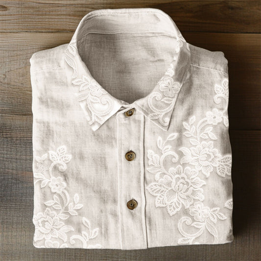 Comstylish Classy Floral Embroidered Lace Linen Blend Blouse