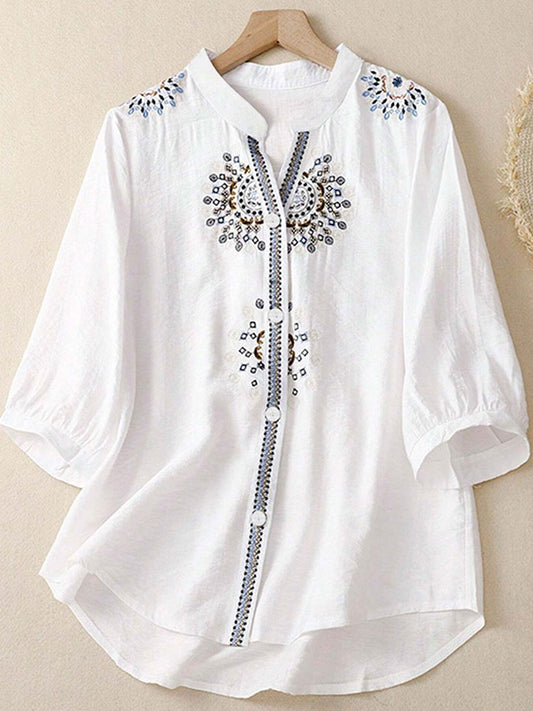 Comstylish Women's Casual Retro Ethnic Style Embroidered Cotton Shirt
