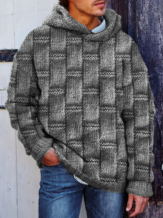 Men's Retro Woven Geometric Jacquard Cozy Hooded Sweater artswardrobe