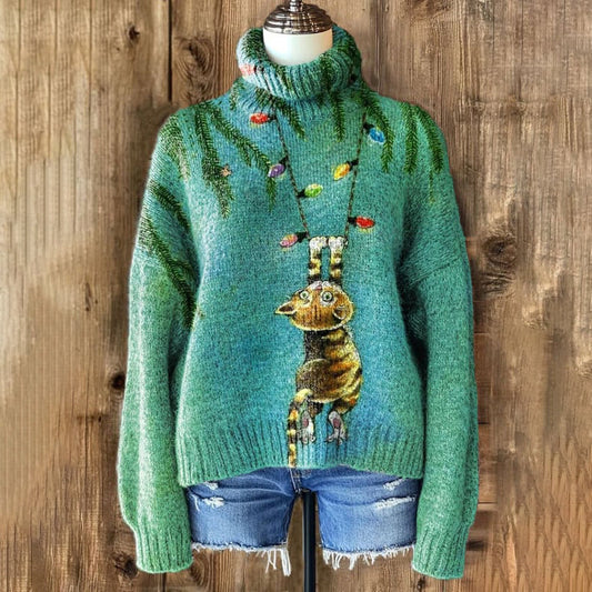 Vintage Christmas Cat Knit Turtleneck Sweater elevenforest