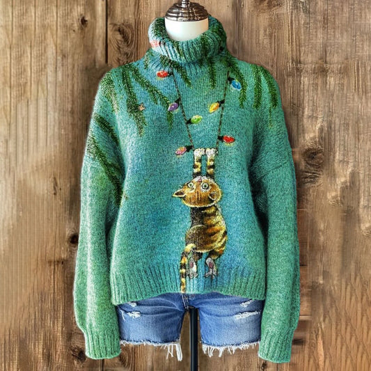 Comstylish Vintage Christmas Cat Knit Turtleneck Sweater
