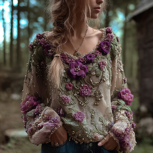 Bohemian Style Round Neck Long Sleeve 3d Purple Flower Design Women's Sweater elevenforest
