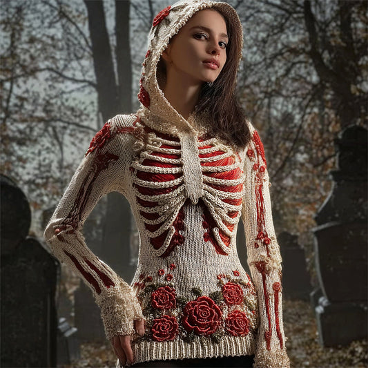 Halloween Skeleton & Floral Art Women's Knit Hoodie artswardrobe