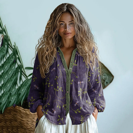Comstylish Bohemian Style Dragonfly Linen Print Long Sleeve Shirt