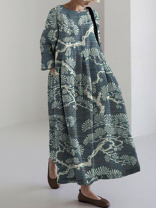 Comstylish Pine Trees Japanese Lino Art Linen Blend Maxi Dress