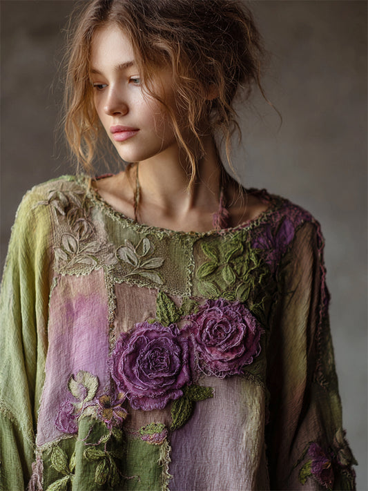 Vintage Purple Roses Forest Patchwork Flowy Linen Tunic artswardrobe