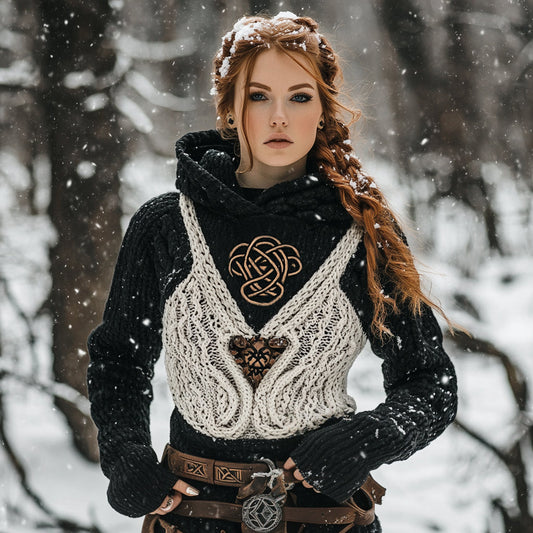 Women's Viking Tribal Jacquard Celtic Inspired Chunky Knit Hooded Sweater elevenforest