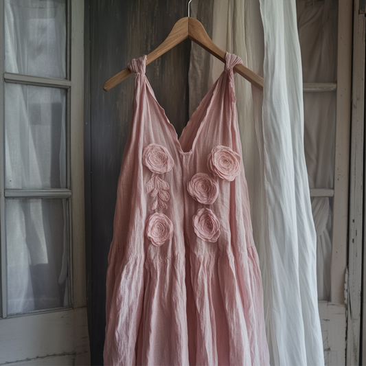 Vintage Elegant Fashion Rose Pattern Linen Vest Dress artswardrobe
