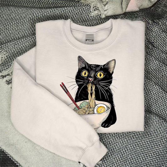 Comstylish Vintage Black Noodle Cat Pattern Print Ladies Sweatshirt