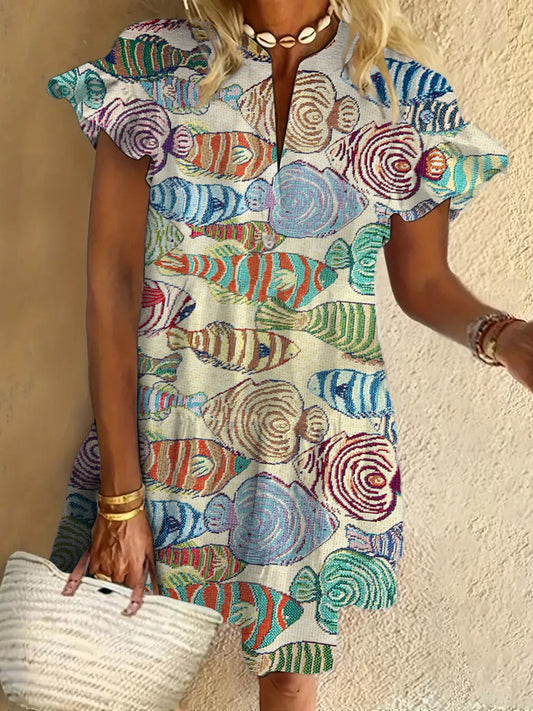 Retro Multicolor Fish Art Ruffled Short-sleeved V-neck Buttoned Dress Vacation Beach Dress