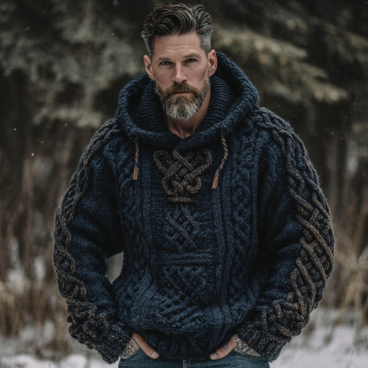 Men's Vintage Viking Celtic Knot Art Jacquard Chunky Knitted Cozy Hooded Sweater elevenforest