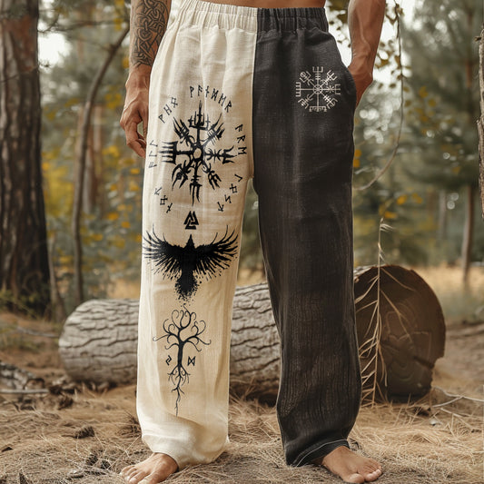 Vintage Viking Art Linen Contrasting Colors Loose Wide-leg Pants artswardrobe