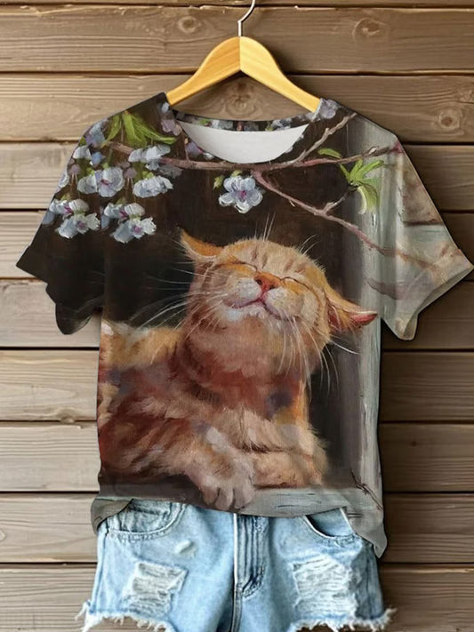 Comstylish Women's Oil Painting Cute Flowers Cat Print T-shirt