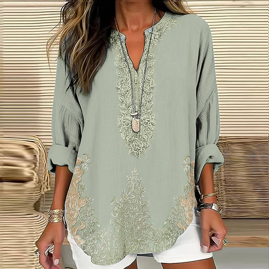Women's Retro Floral Art Linen Print Casual Shirt artswardrobe