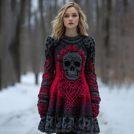 Vintage Celtic Skull Gradient Cozy Knit Sweater Dress artswardrobe
