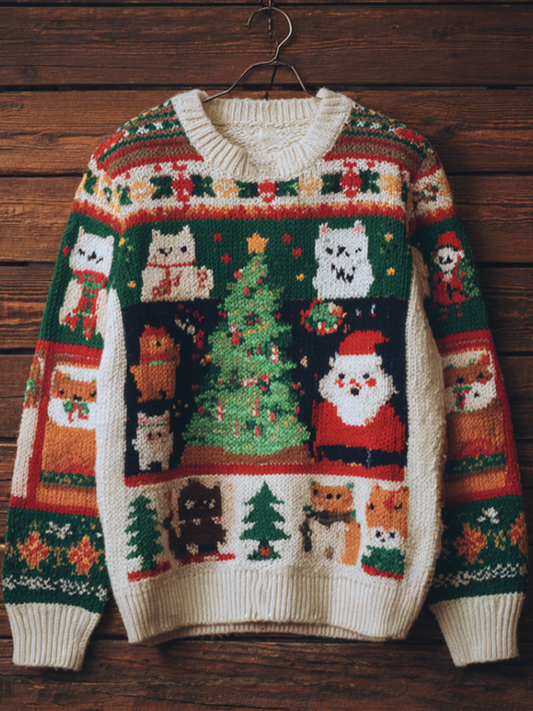 Christmas Fun Cat Lady Round Neck Knitted Sweater elevenforest