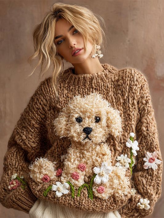 Comstylish Plush Puppy Women's Chunky Knit Twist Crew Neck Sweater