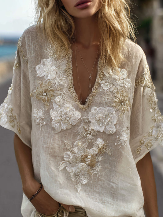 Bohemian Style Flower V-neck Vintage White Linen Short-sleeved Shirt artswardrobe