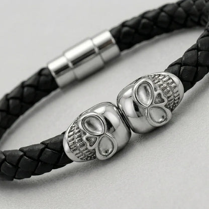 Twin Skull Black Braided Leather Bracelet