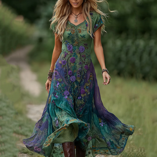 Vintage Purple And Blue Lavender Patchwork And Floral Embroidered Art Linen Maxi Dress artswardrobe