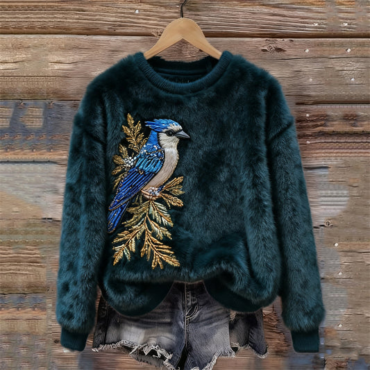 Comstylish Classy Bird On Branch Glitter Embroidered Cozy Plush Sweatshirt