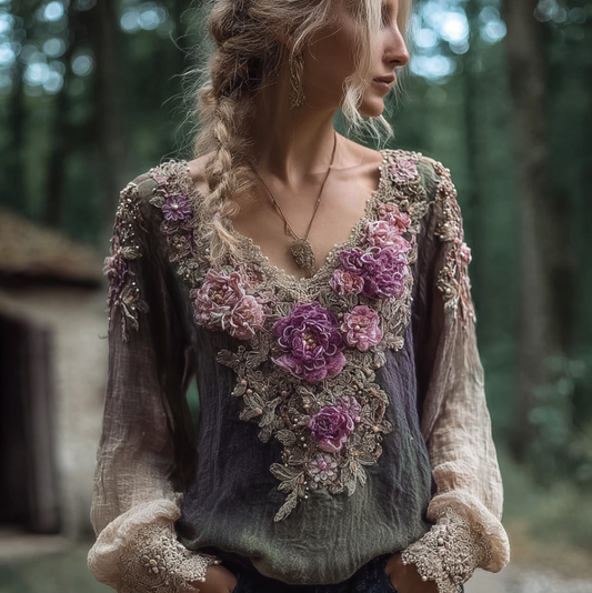 Comstylish Bohemian Style Round Neck Long Sleeve 3d Purple Flower Design Cotton And Linen Top For Women