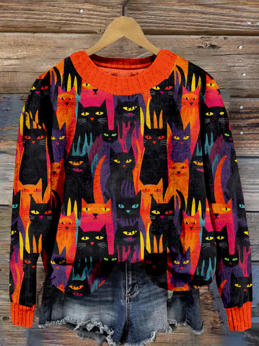 Haloween Cats Art Crew Neck Cozy Sweater artswardrobe