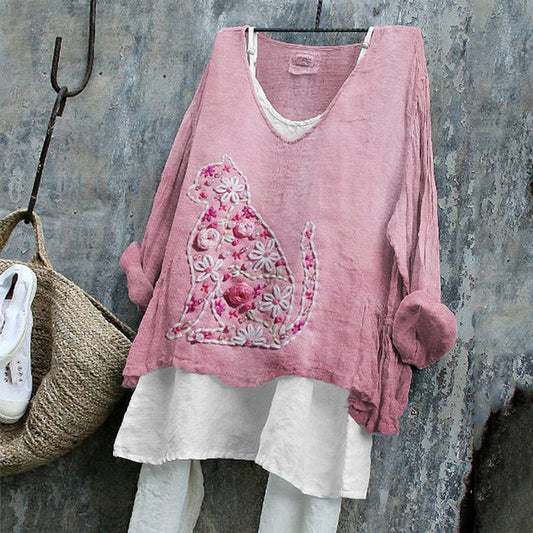 Pink Floral Cat Silhouette Embroidered Linen Tunic