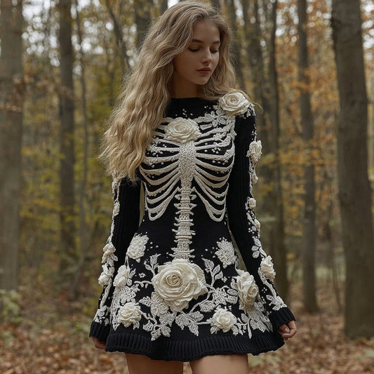 Women's Halloween Skeleton Bones Rose Comfortable Elegant Sweater Dress artswardrobe