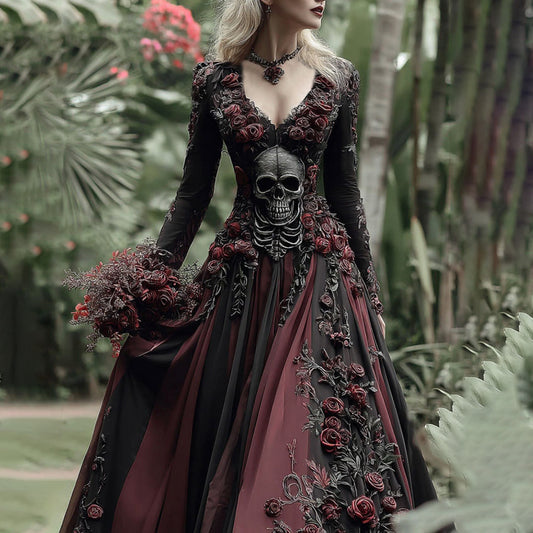 Comstylish Vintage Skull Skeleton And Red Roses Flowy Linen Maxi Dress