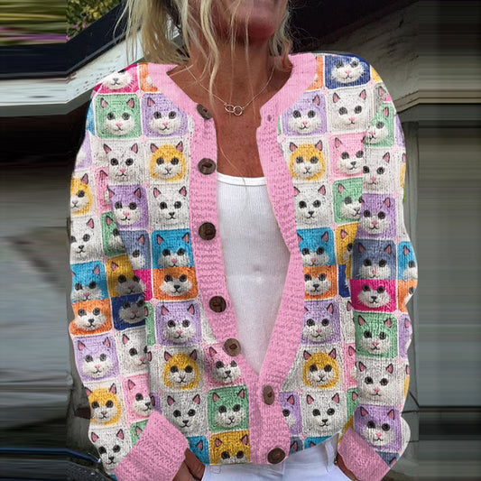 Comstylish Cute Cat Print Knitted Cardigan