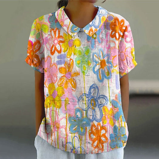 Comstylish Retro Floral Color Graffiti Art Short Sleeve Lapel Shirt