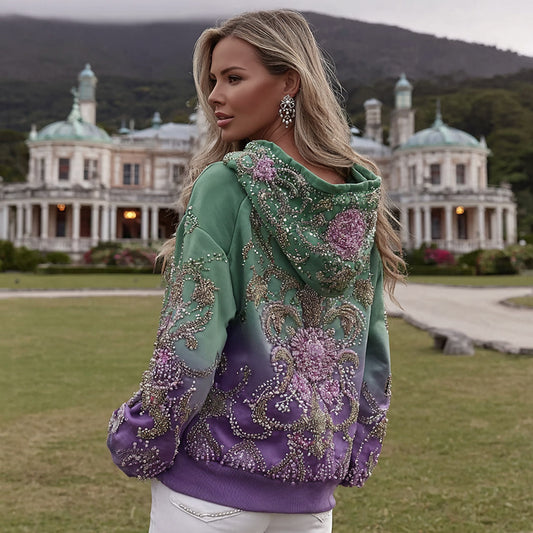 Women's Retro Purple Rose Art Pattern Casual Hoodie artswardrobe