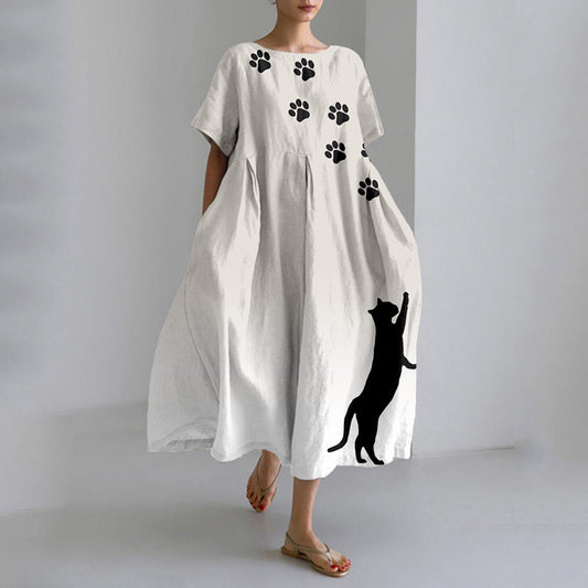 Cute Cat & Paw Prints Gradient Linen Blend Maxi Dress elevenforest