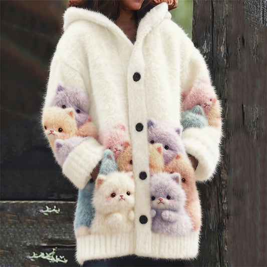 Comstylish Lovely Colorful Fuzzy Crowded Cats Cozy Hooded Cardigan