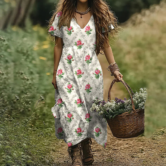 Vintage Floral Print V-neck Short Sleeved Linen Blend Midi Dress artswardrobe