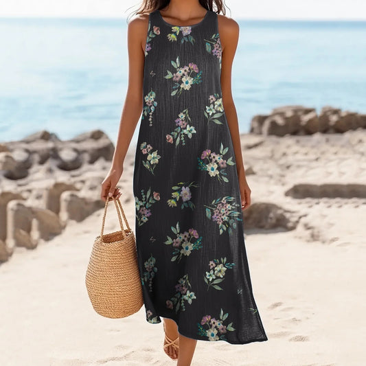Women's Floral Print Round Neck Linen Blend Tank Midi Dress artswardrobe