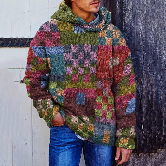 Men's Vintage Plaid Patchwork Colorful Cozy Hooded Sweater artswardrobe