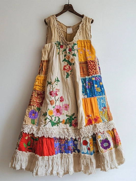 Floral Embroidered Lace Patchwork Linen Blend Dress
