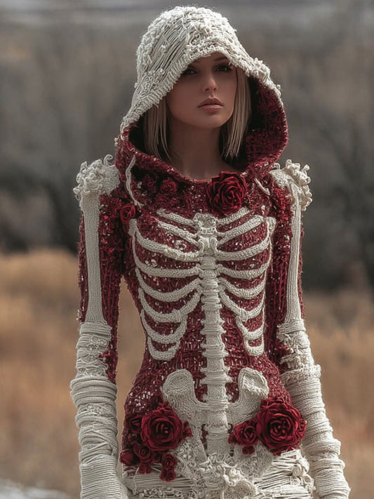Women Halloween Skeleton Skeleton With Red Rose Bandage Hoodie Dress artswardrobe