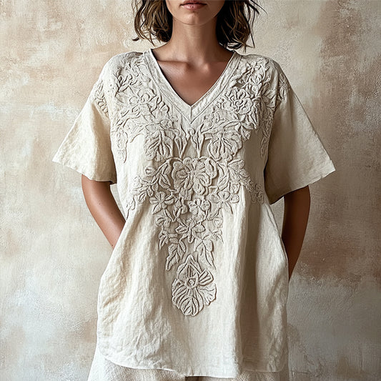 Comstylish Vintage Floral Lace Art Comfy V Neck T Shirt