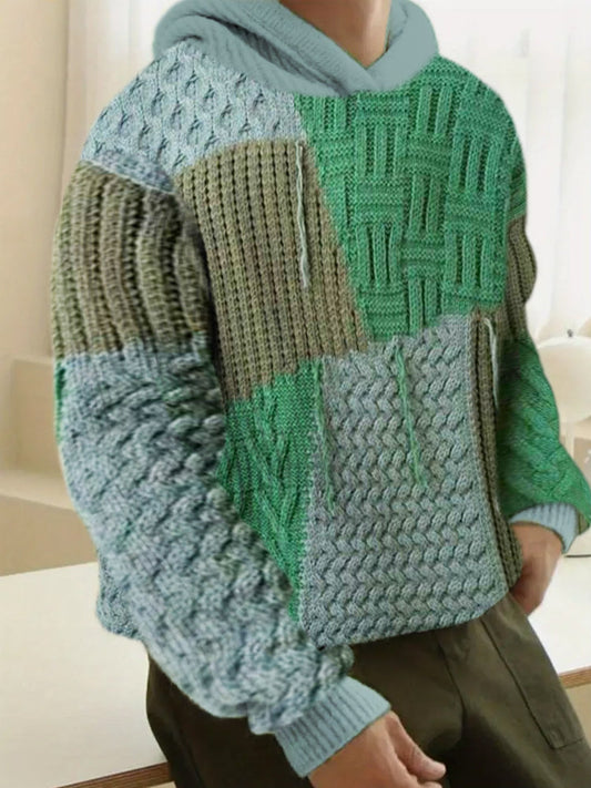 Fringed Knit Pattern Patchwork Men's Hooded Sweater elevenforest
